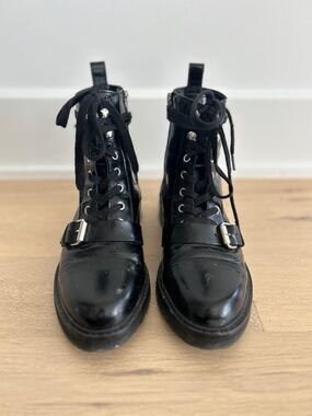 All Saints Donita Leather Combat Boots Black Lace-Up Buckle Size 37